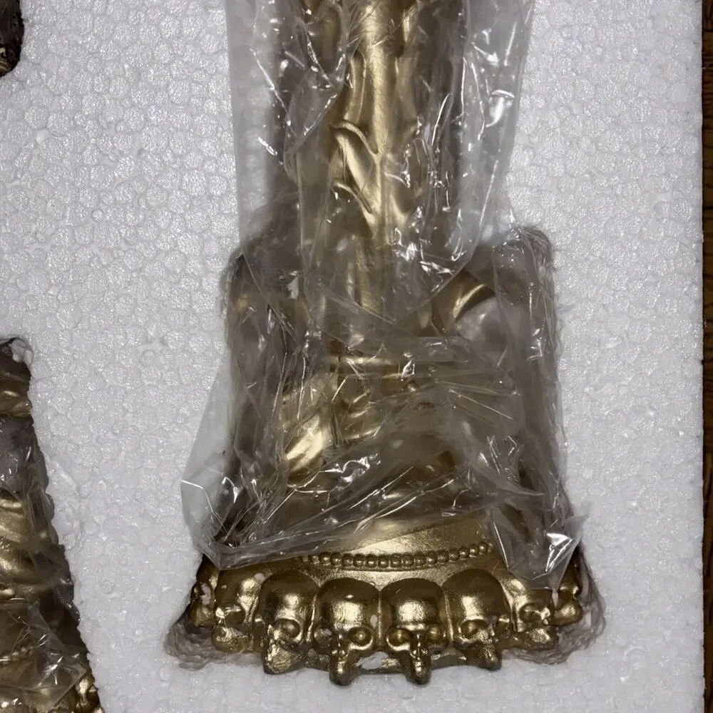 Moonlight Manor LED Lighted Halloween Candle Stick Set w Faces Gold Skull Base